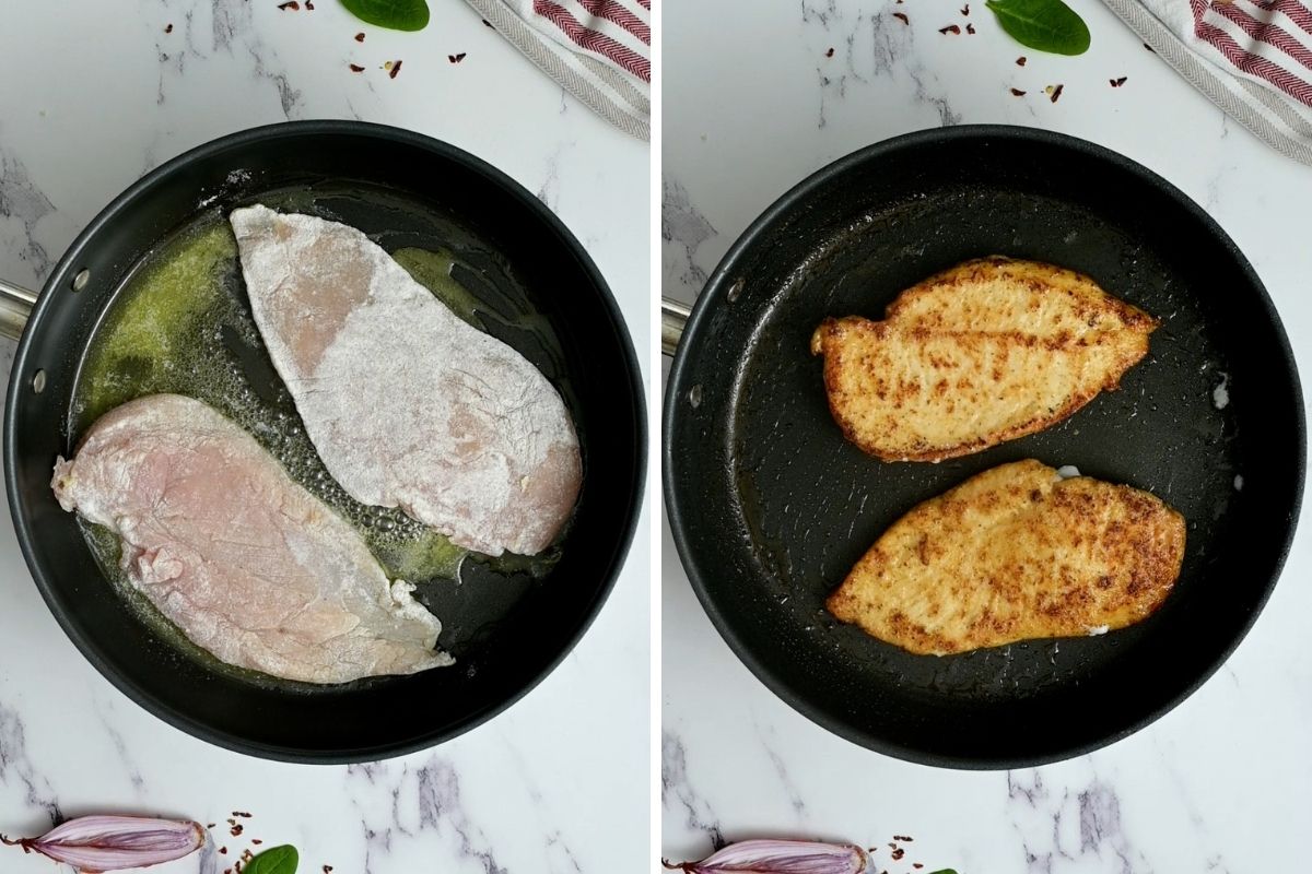 Side by side photo showing skillet with chicken cutlets before and after browning.