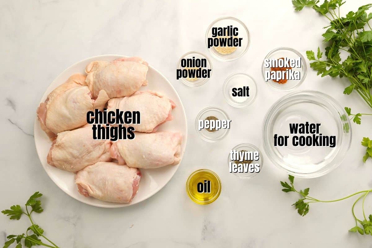 Ingredients for Instant Pot Chicken Thighs labeled on kitchen counter.