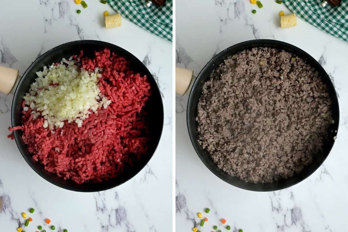 Side by side photo showing before and after browning beef in skillet.
