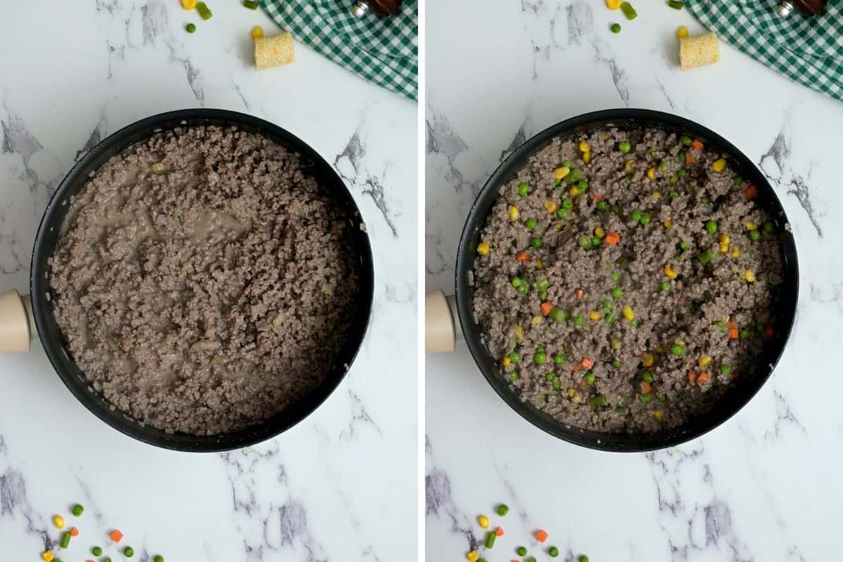 Side by side photo of frying pan with ground beef and gravy mixture before and after adding vegetables.