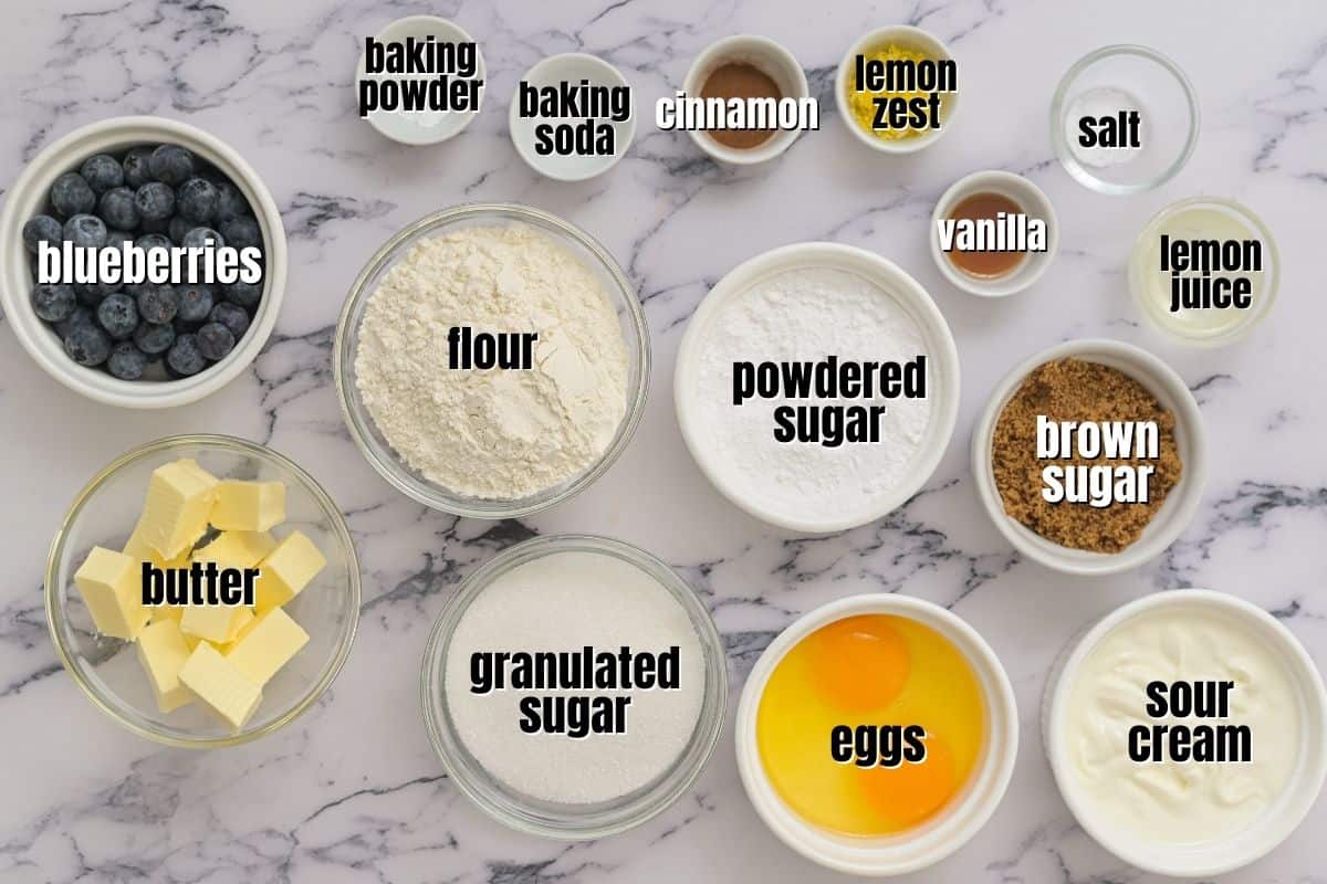 Ingredients labeled on the counter for blueberry lemon coffee cake.