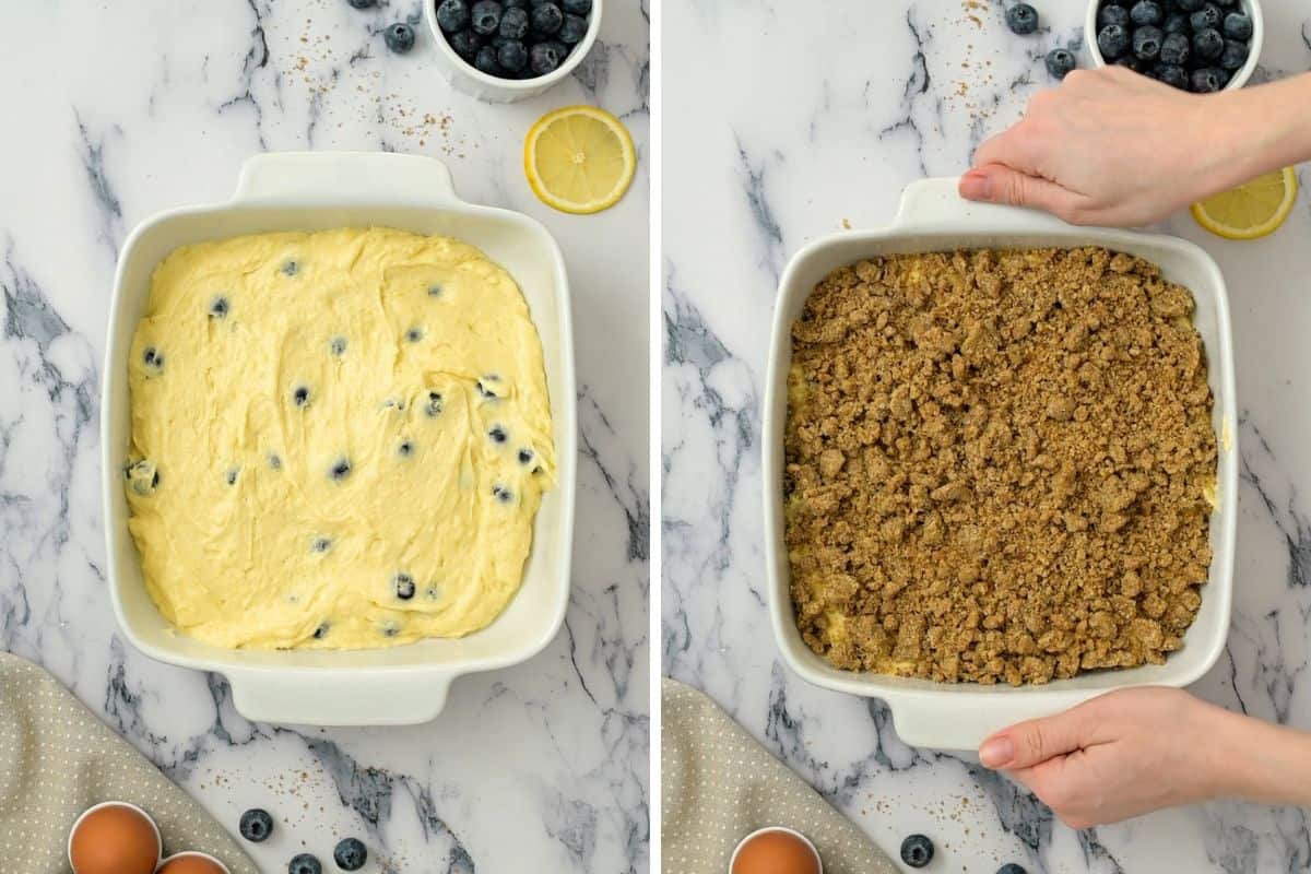 Side by side photos showing coffee cake batter in cake pan and then topped with streusel.
