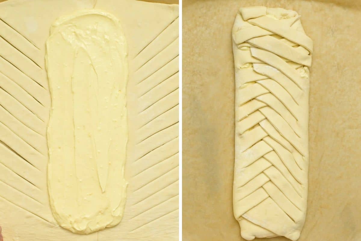 Side by side photo showing steps to braiding cream cheese puff pastry.