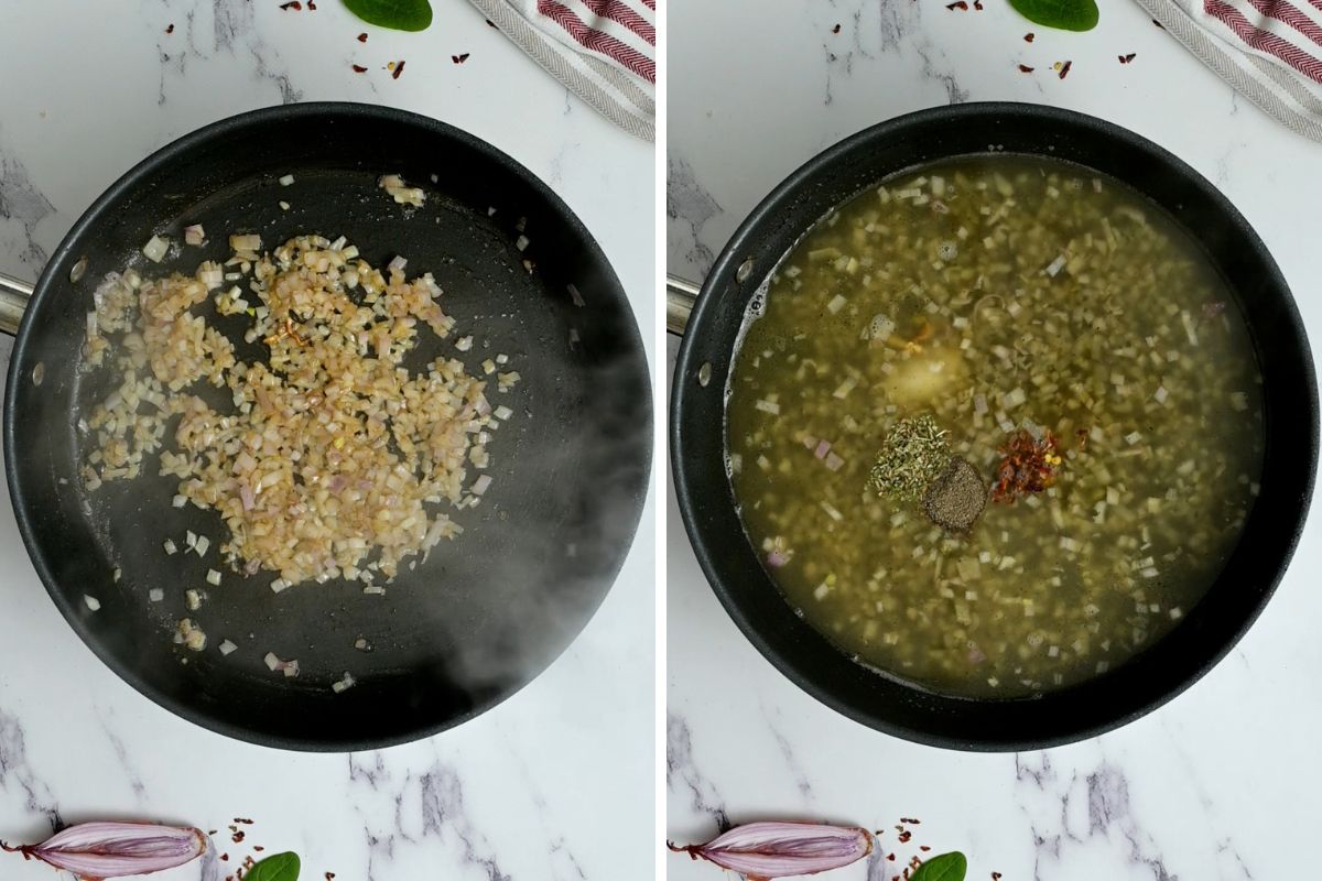 Two side by side photos showing skillet after sauteeing shallots and skillet showing wine and broth in skillet.