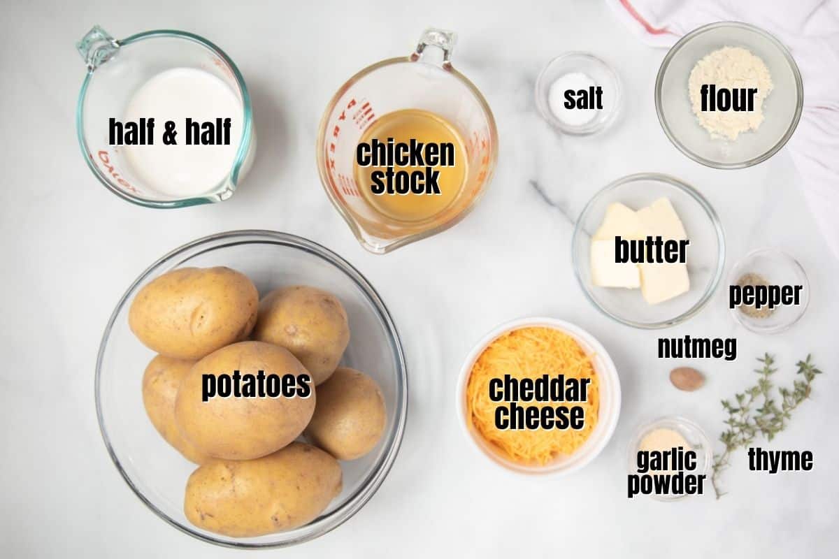 Ingredients for instant pot scalloped potatoes labeled on the counter.