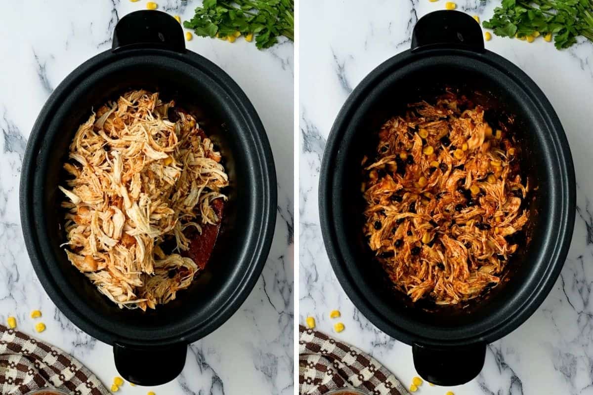 Side-by-side photo showing shredded chicken added to slow cooker then being mixed into crockpot.