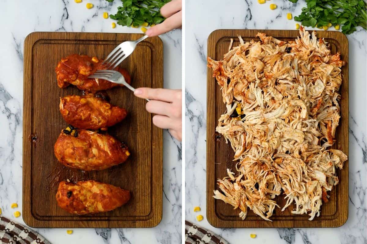 Side-by-side photo showing cooked chicken on cutting board and then photo of shredded salsa chicken on cutting board.