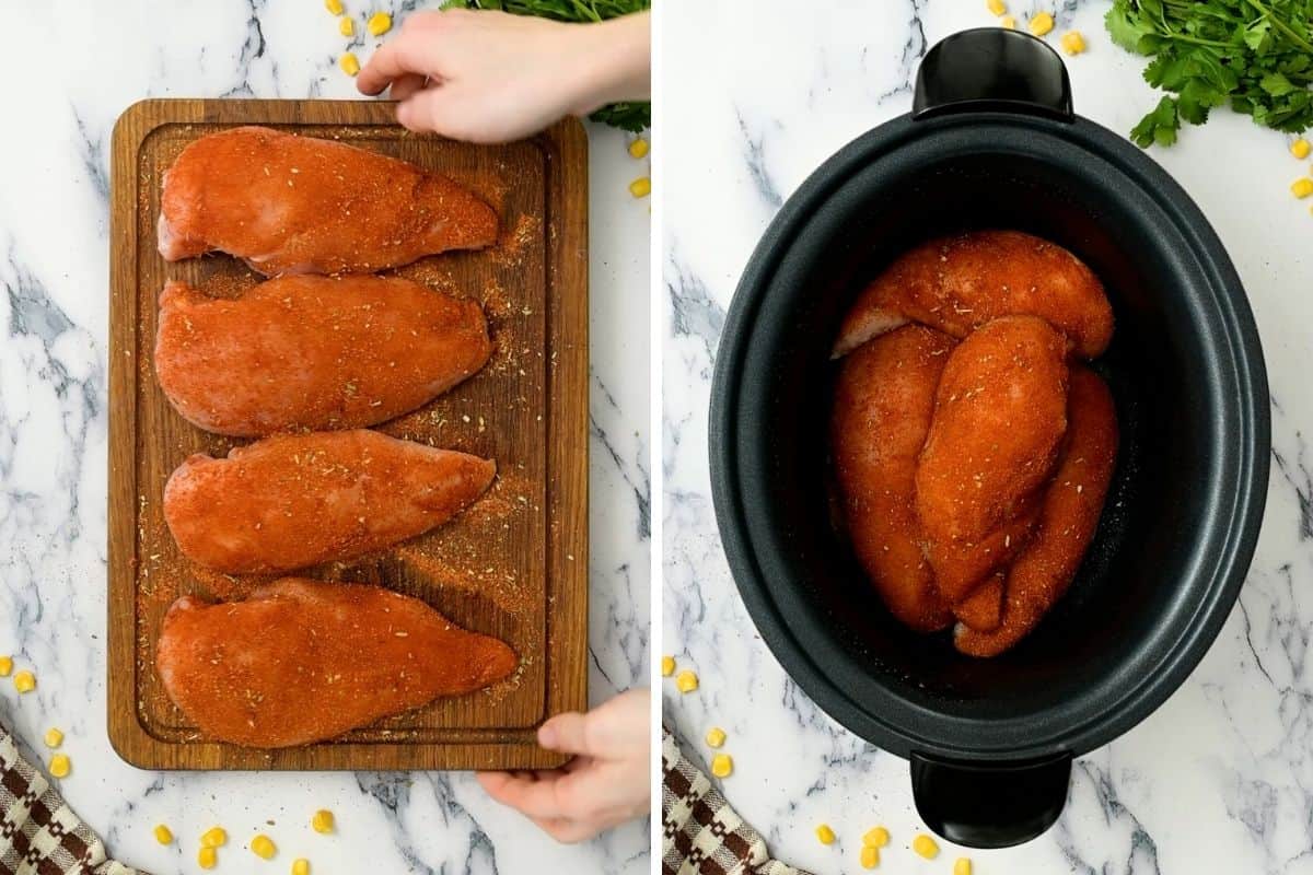 Side-by-side photo showing seasoned chicken on a cutting board and then in the slow cooker.