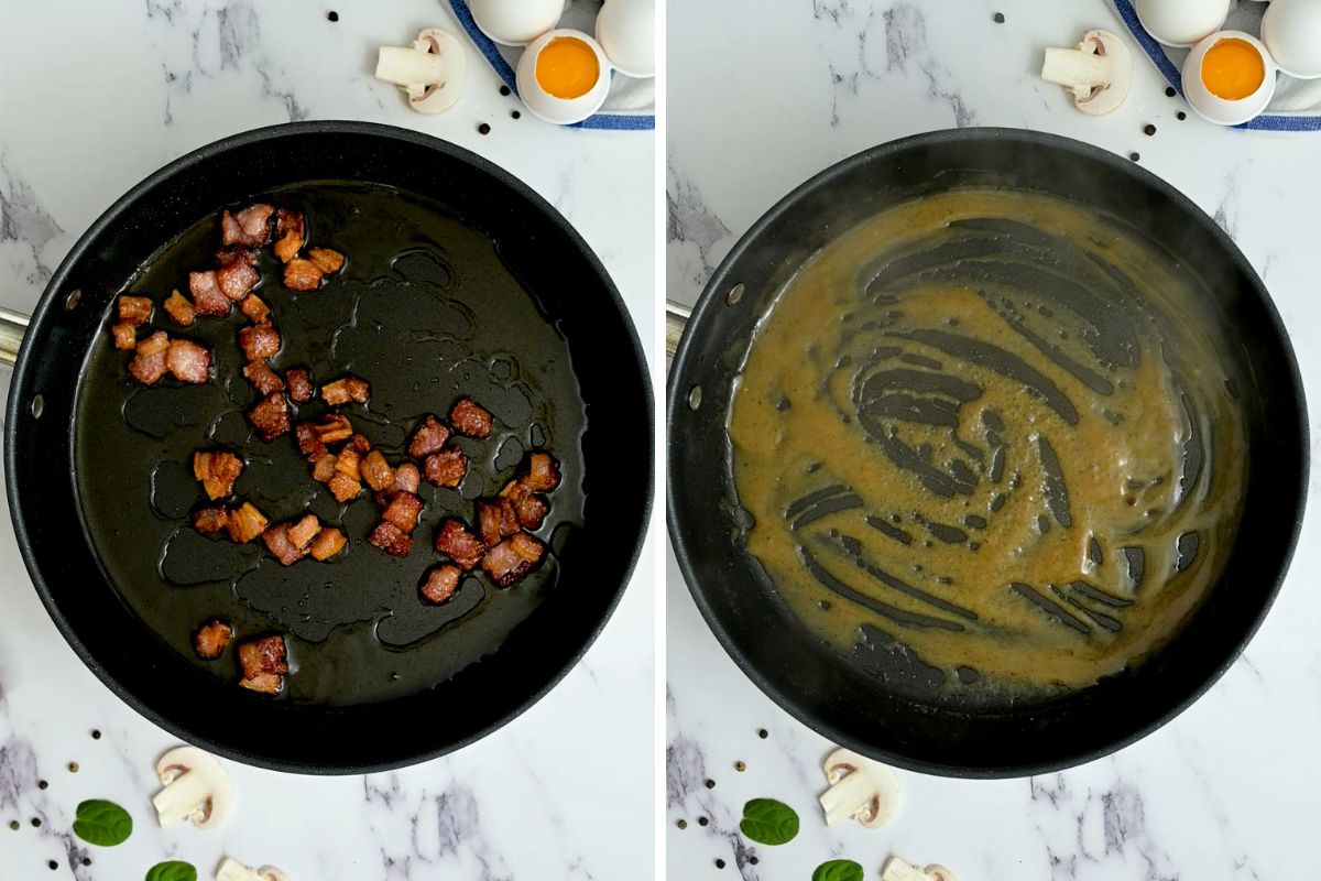 Side by side saute pan showing browning bacon and making warm bacon dressing.