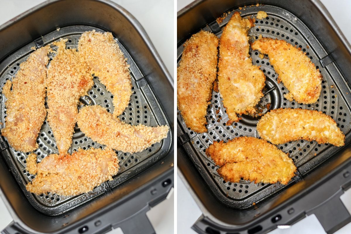 Side-by-side photos showing chicken tenders before and after being air-fried.