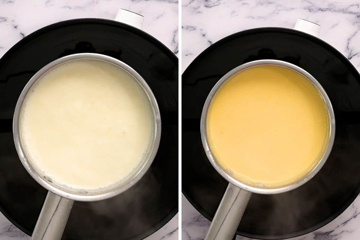 Side by side photo showing cheese sauce after simmering.