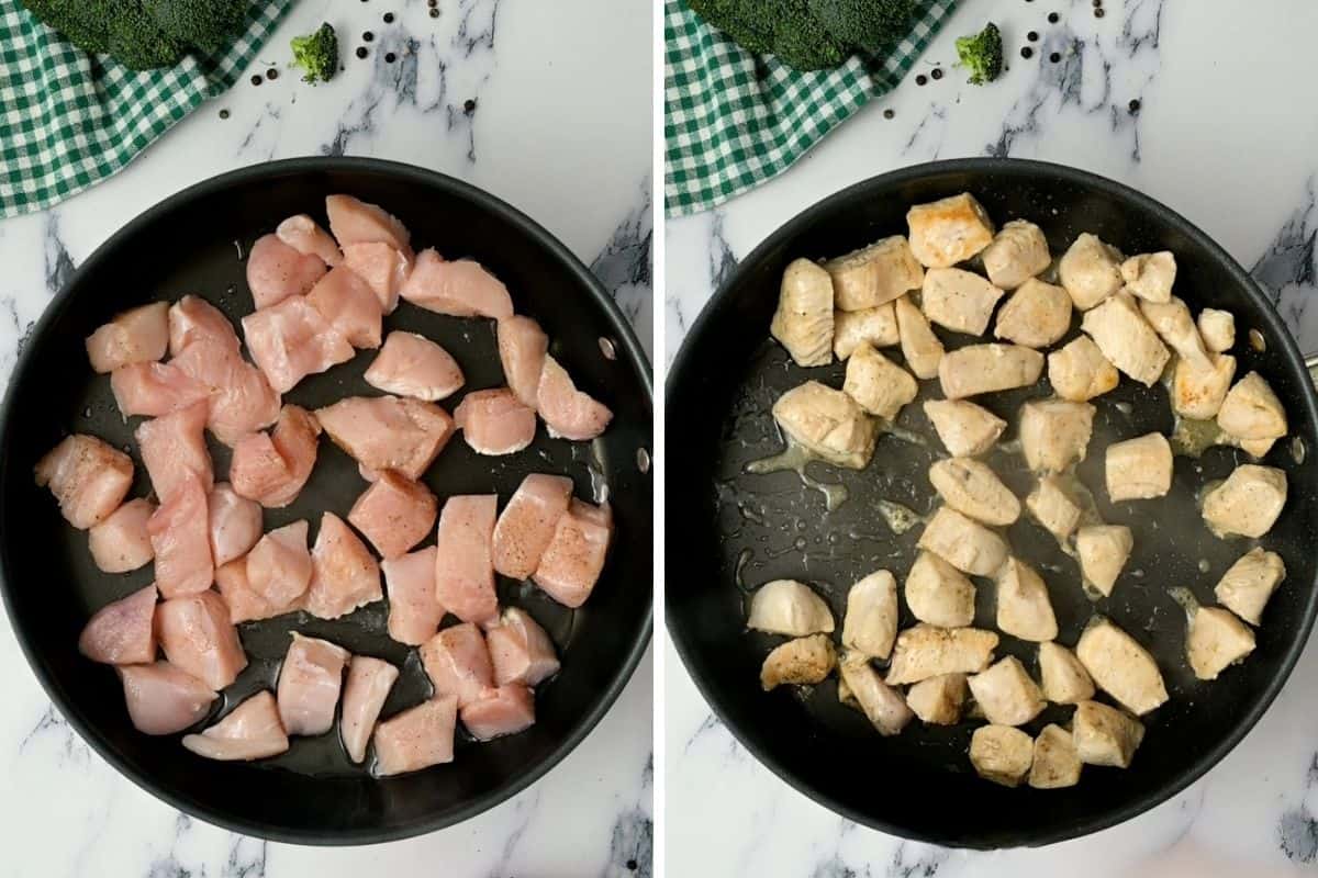 Side by side photos showing chicken before and after sauteeing in large skillet.