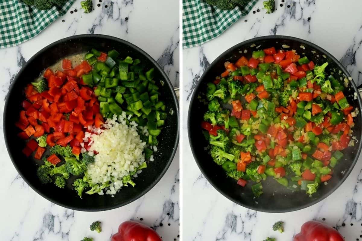 Side by side photos showing vegetables before and after sauteeing.