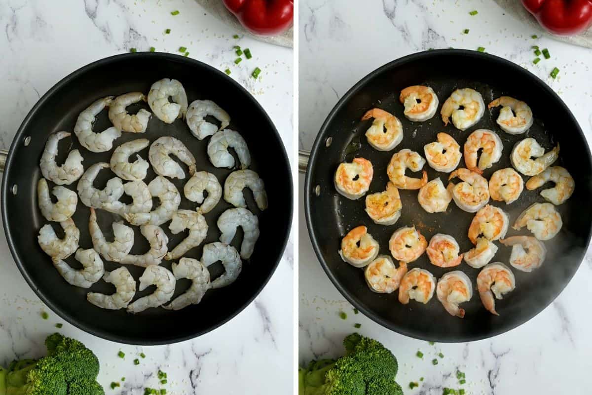 Side-by-side photo showing shrimp before and after sauteeing.