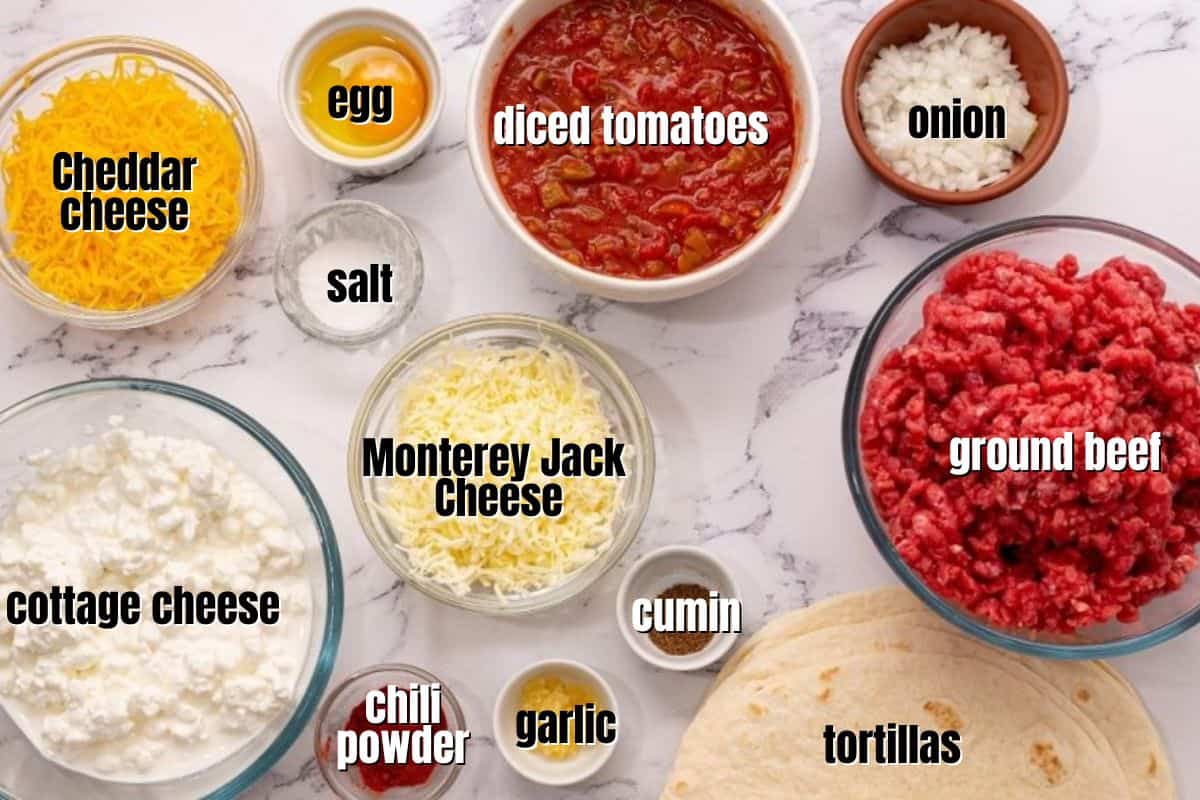 Ingredients for mexican casserole labeled on counter.