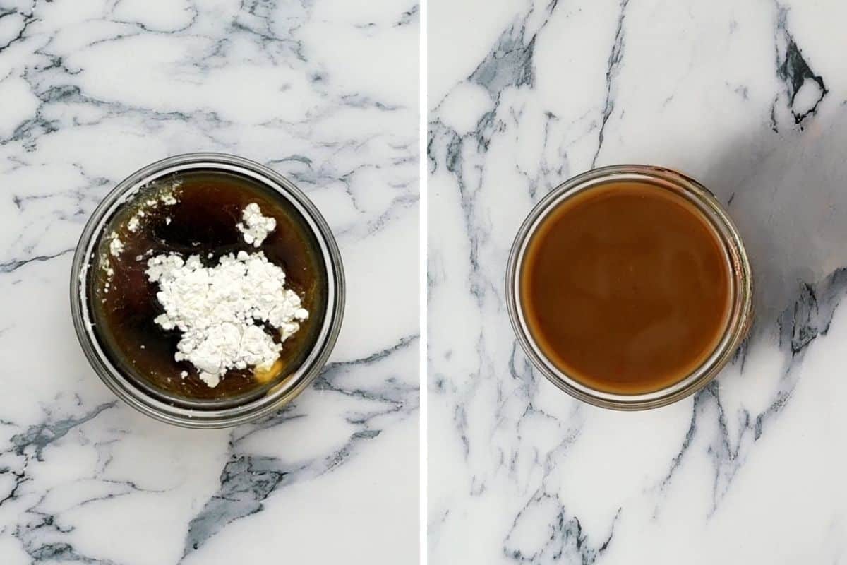 Side by side photo showing hunan sauce before and after mixing together.