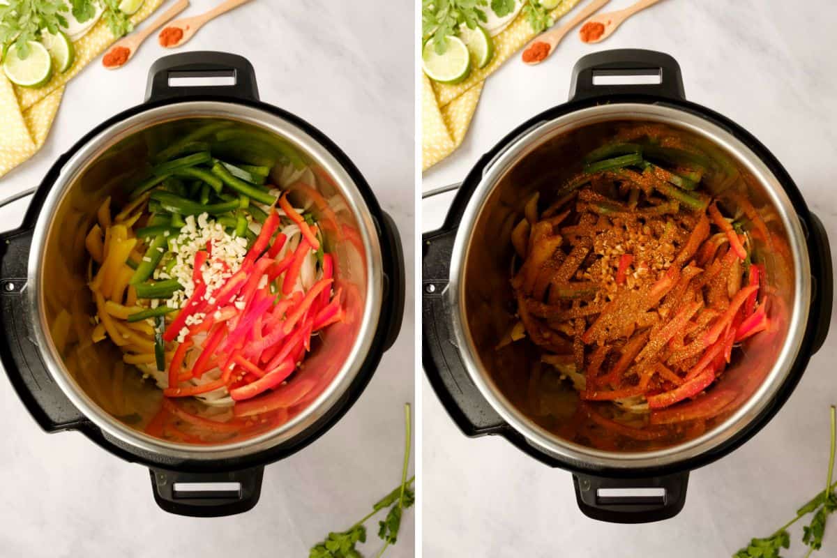 Side by side photo showing instant pot before and after adding fajita seasoning to pepper and onions.