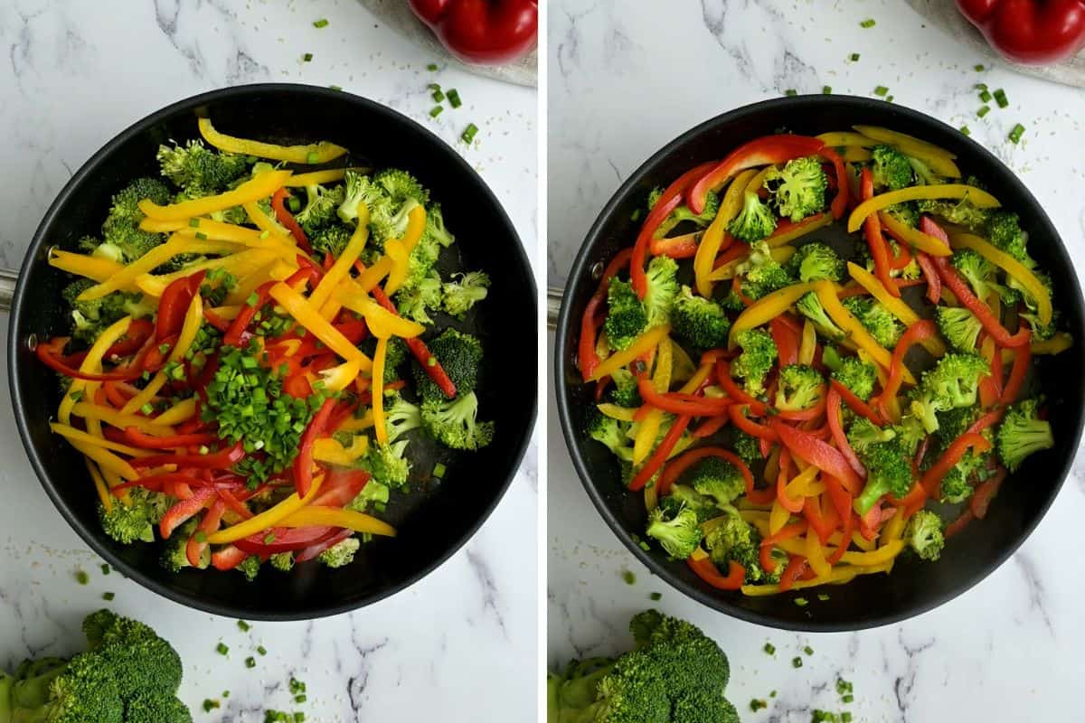Side by side photo showing veggies before and after sauteeing.