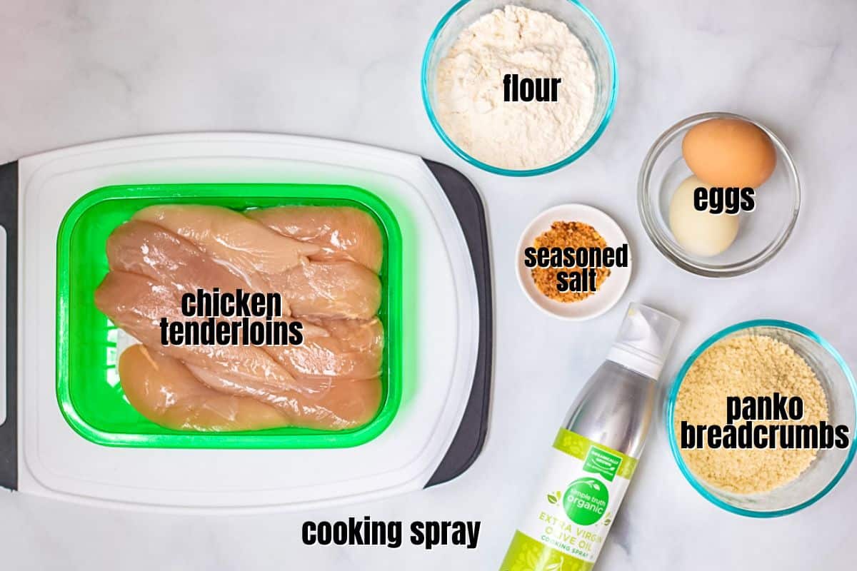 Ingredients for chicken strips labeled on counter.