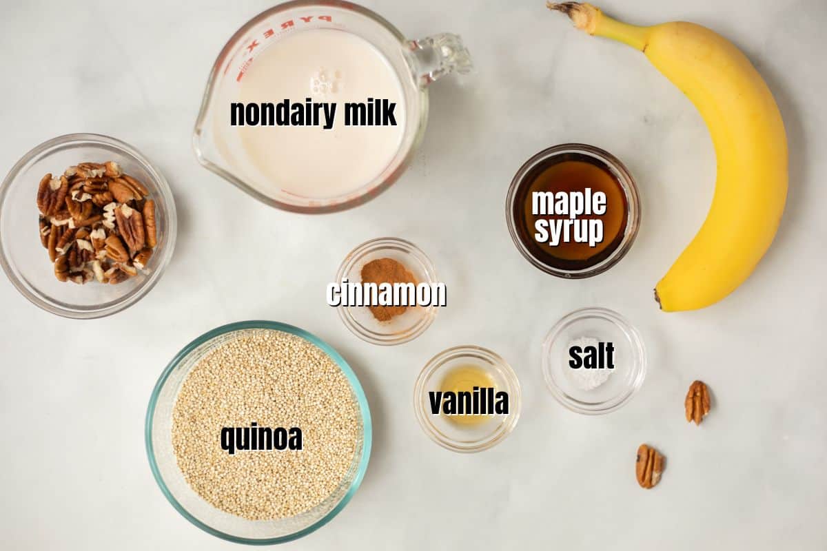 Ingredients for quinoa porridge labeled on counter.