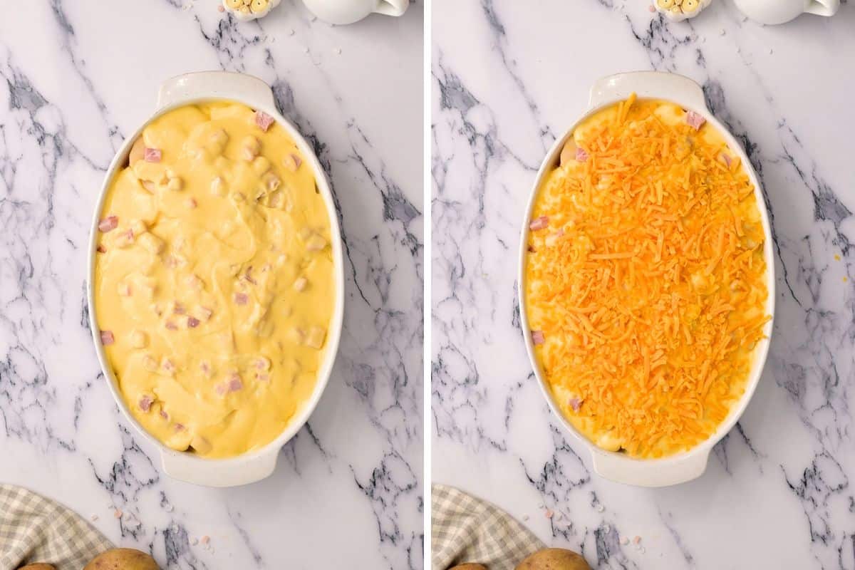 Side-by-side dish showing layered potatoes with cheesy sauce and then topped with extra cheese.