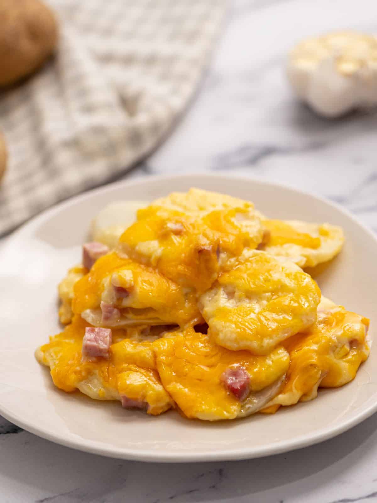 Plate with scalloped potatoes, cheese, and ham.