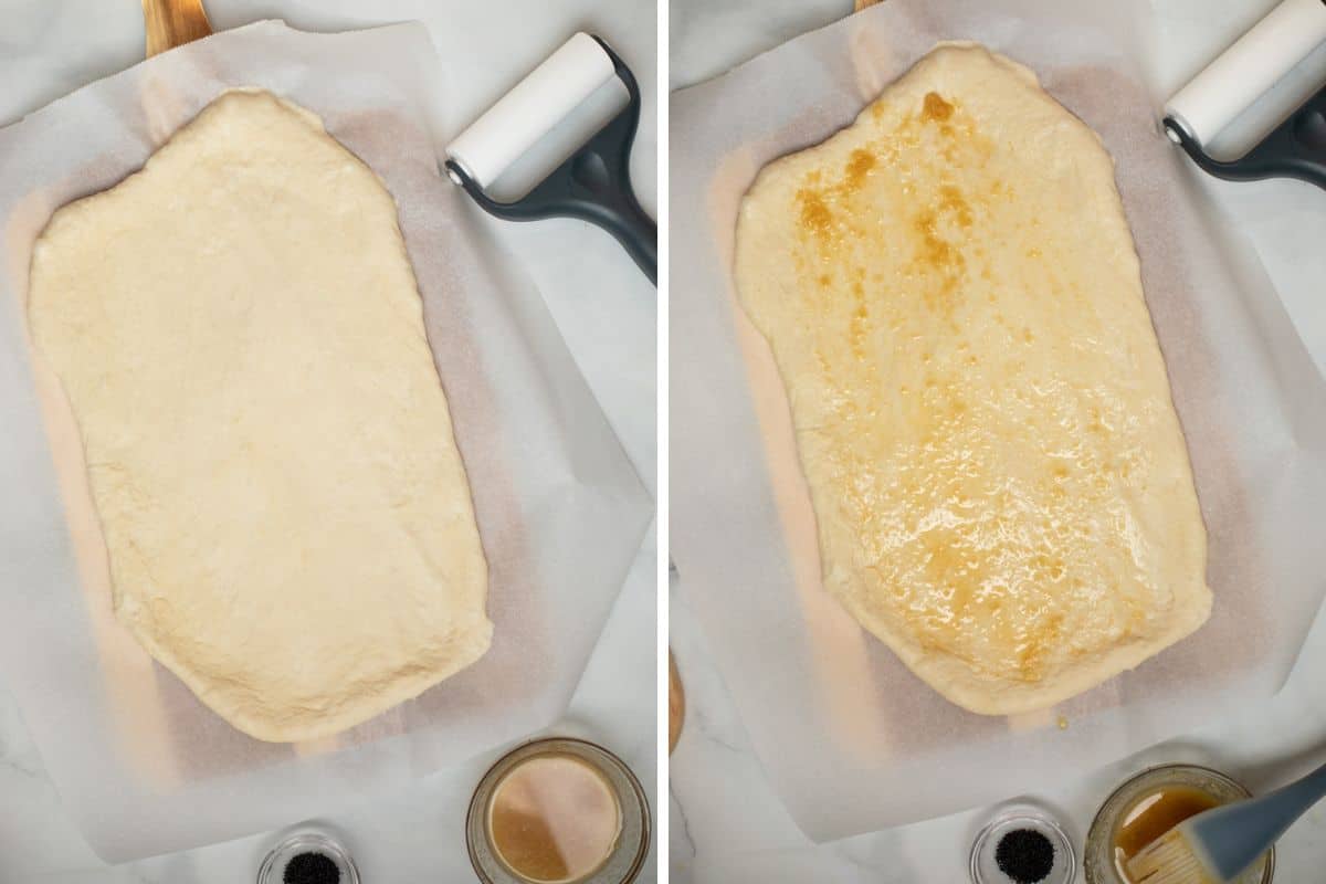 Side by side photos showing dough in rectangle and then after brushing with glaze.
