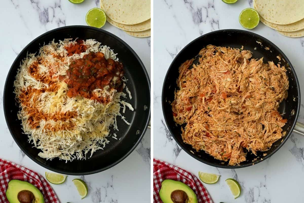 Side-by-side photos showing shredded chicken in a skillet with seasonings and after simmering.