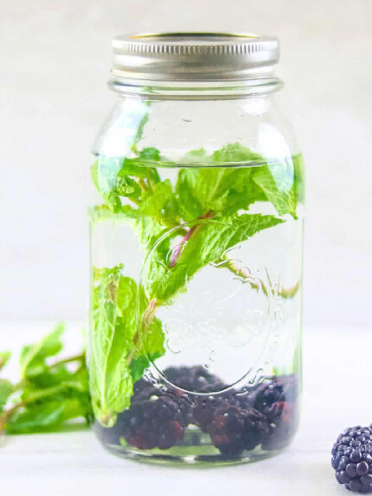 Mason Jar with infused water made with mint and blackberries.