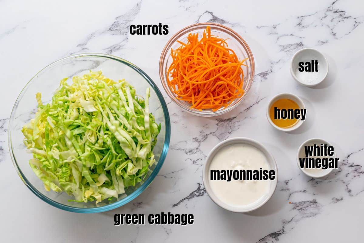 Ingredients for Coleslaw on countertop labeled.