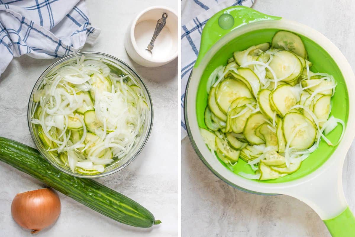Side by side photo of cucumbers in salt water mixtures and in strainer.