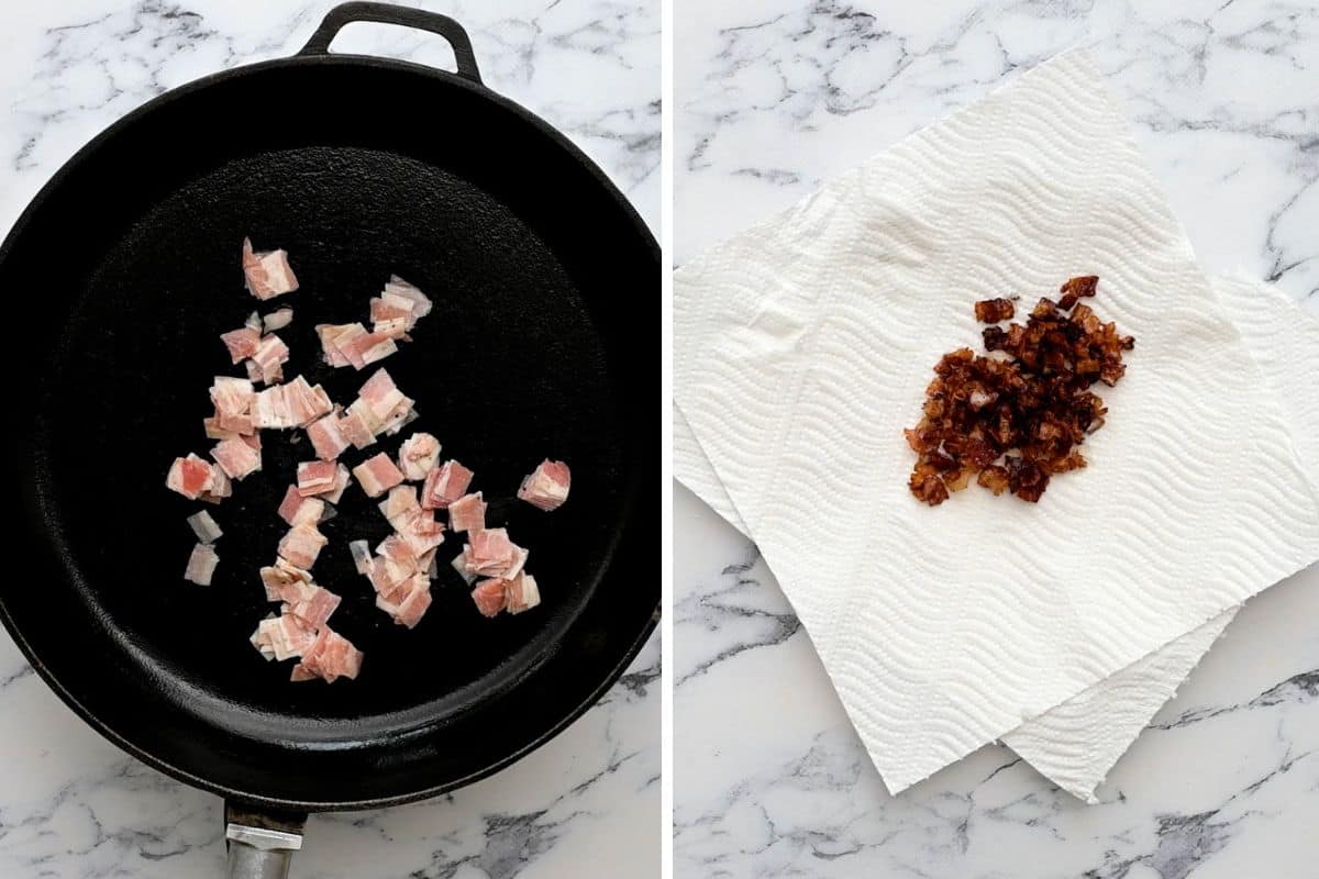 Two pictures side by side showing bacon in skillet before sauteeing and brown and crispy bacon on paper-towel-lined plate.