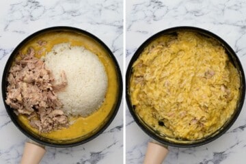 Side by side photo of saucepan before and after mixing rice and chicken into cheese sauce.
