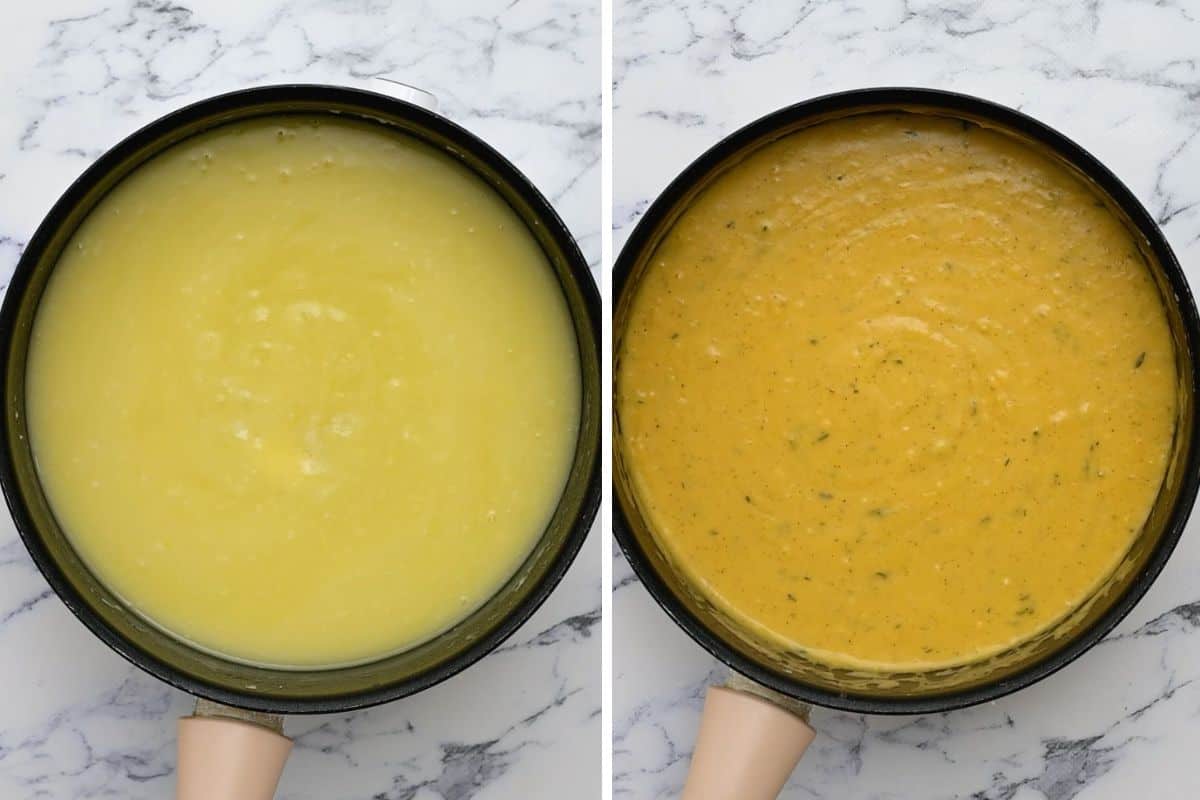 Side by side photos of saucepan with sauce before and after adding cheese.