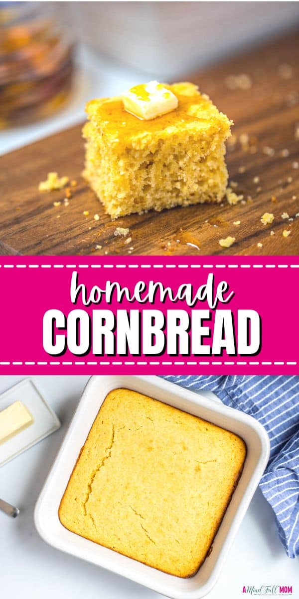 Made with basic pantry staples, this recipe for Homemade Cornbread produces the ultimate cornbread! It is incredibly moist, buttery, slightly sweet, and has a tender crumb. It is the only cornbread recipe you will ever need!