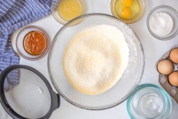 Flour and Cornbread sifted together in large mixing bowl.
