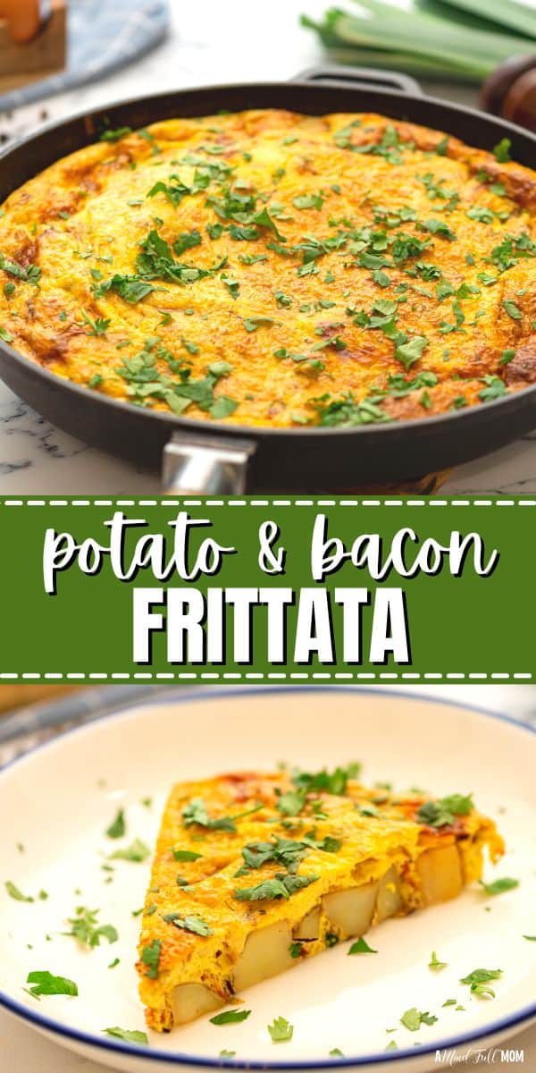 This Potato Frittata is an easy and delicious brunch recipe. Made with crispy bacon, tender potatoes, and cheesy eggs, this simple oven-baked frittata is always a crowd-pleasing recipe.  It also happens to be gluten-free and easily adaptable. 