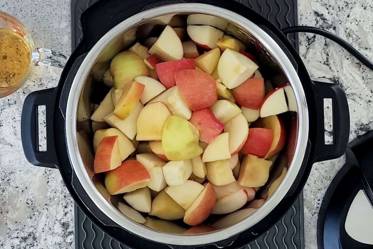 Dice apples and apple juice inside inner pot.
