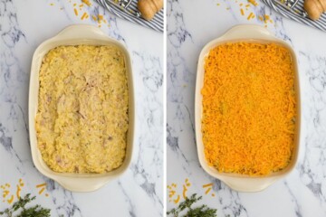 Chicken and rice casserole spread out in casserole dish topped with cheese.