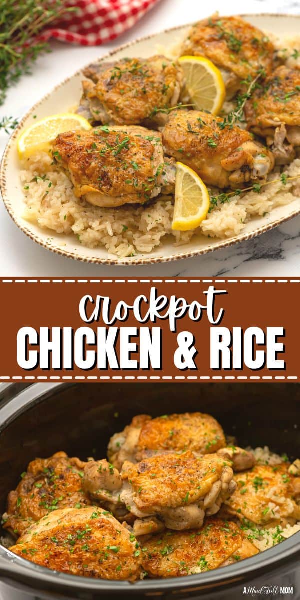 Crockpot Chicken and Rice is an easy, all-in-one slow cooker dinner featuring crispy chicken thighs and perfectly seasoned rice. This recipe for slow cooker chicken thighs delivers juicy, tender chicken thighs complete with crispy skin, and perfectly cooked, seasoned rice. It is an all-in-one inexpensive, delicious family dinner. 