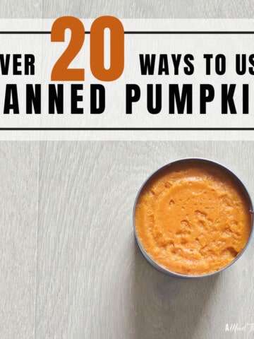 Can of pumpkin puree on counter with title text overlay that reads over 20 creative ways to use canned pumpkin.