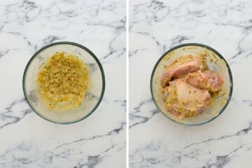 Side by side photo showing bowl with mustard and oil mixture and then chicken tossed in the marinade.