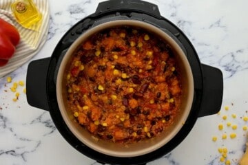 Pressure Cooked Sweet Potato Chili inside inner pot of instant pot.
