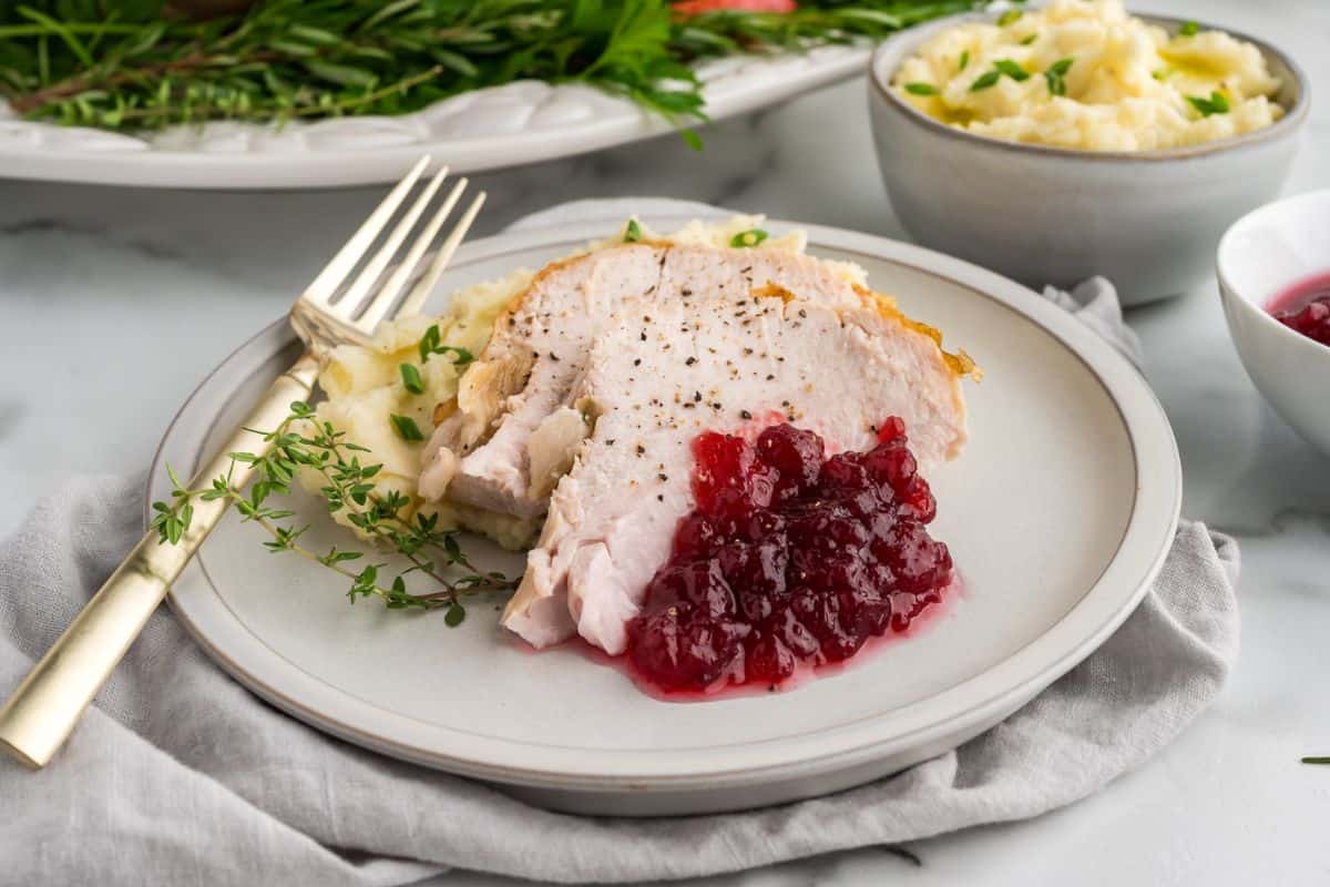 Sliced turkey served with mashed potatoes and cranberry sauce.