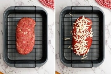 Side by side photo of shaped meatloaf in broiler pan next to photo topped with pizza sauce topped with cheese.