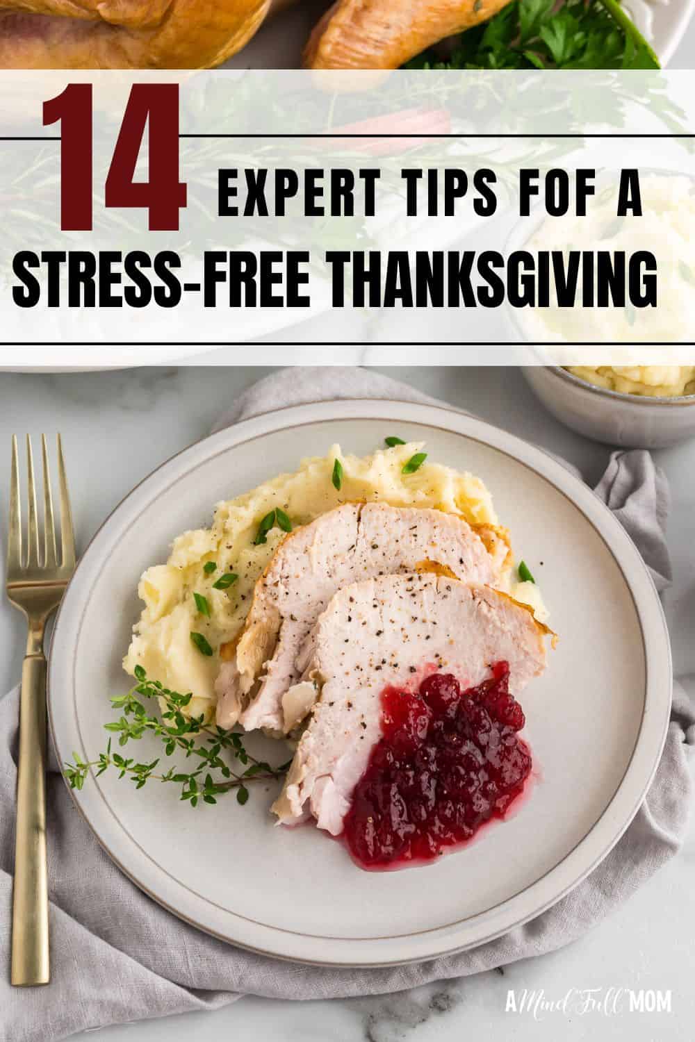 Sliced turkey, cranberry sauce, mashed potatoes dishes out on a plate with roasted turkey in the background with title text that reads, 14 expert tips for a stress-free thanksgiving.