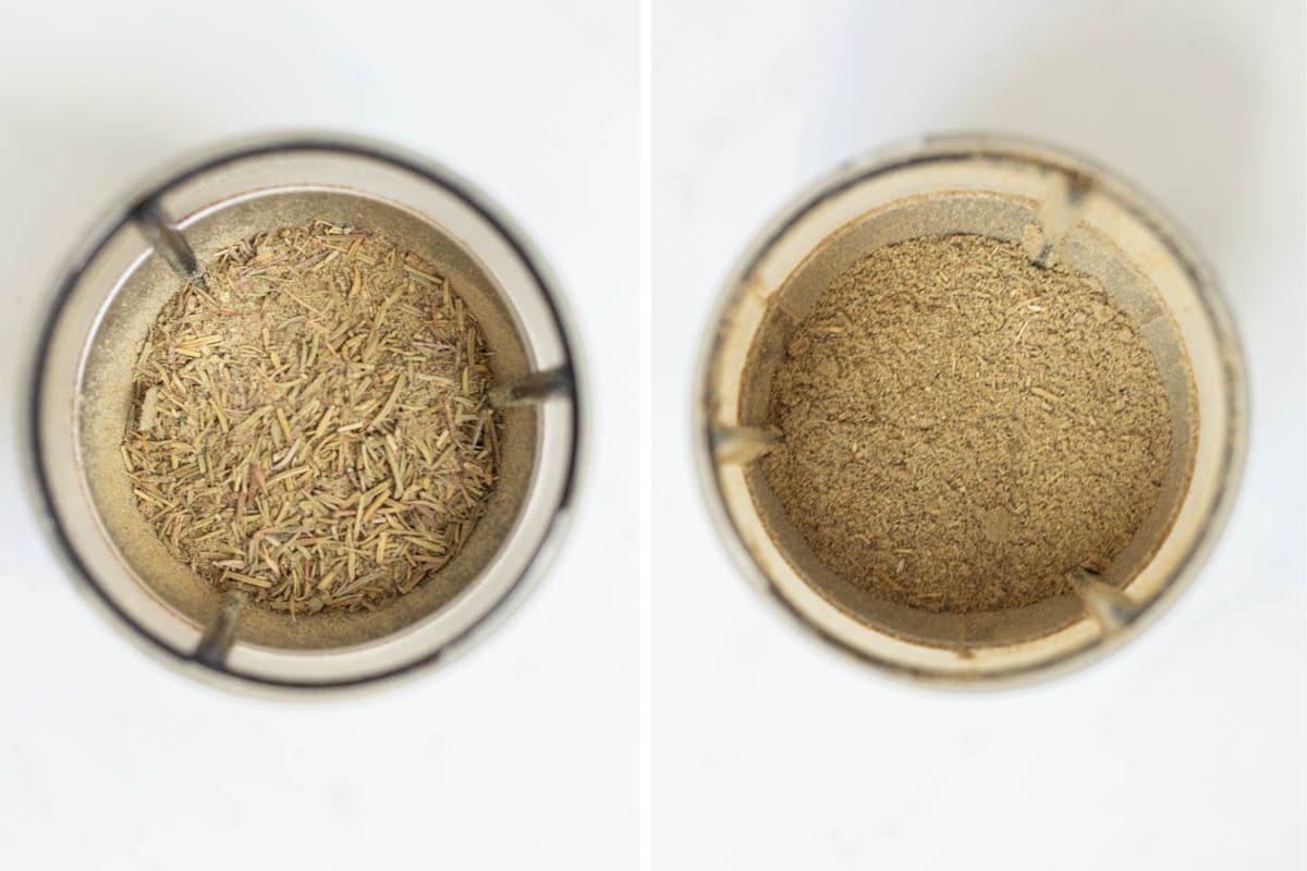 Side by side photo of spice grinder before and after grinding spices.
