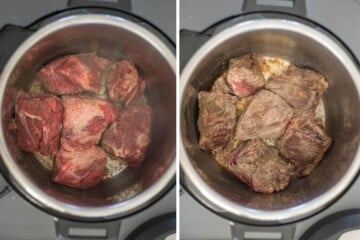 Side by side photos of seasoned chuck roast before and after searing in inner pot of instant pot.