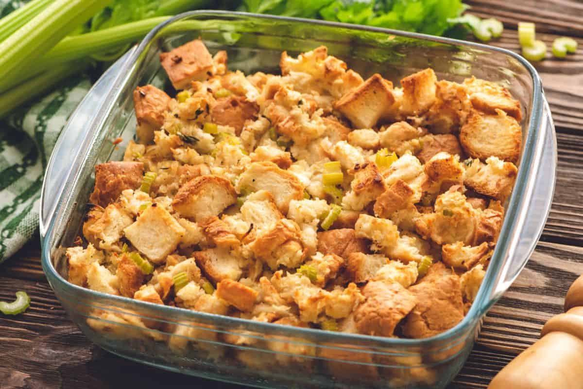 Baked bread stuffing in a large baking dish.