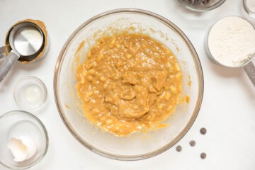 Large mixing bowl with peanut butter, banana, honey, egg, and vanilla mixed together.